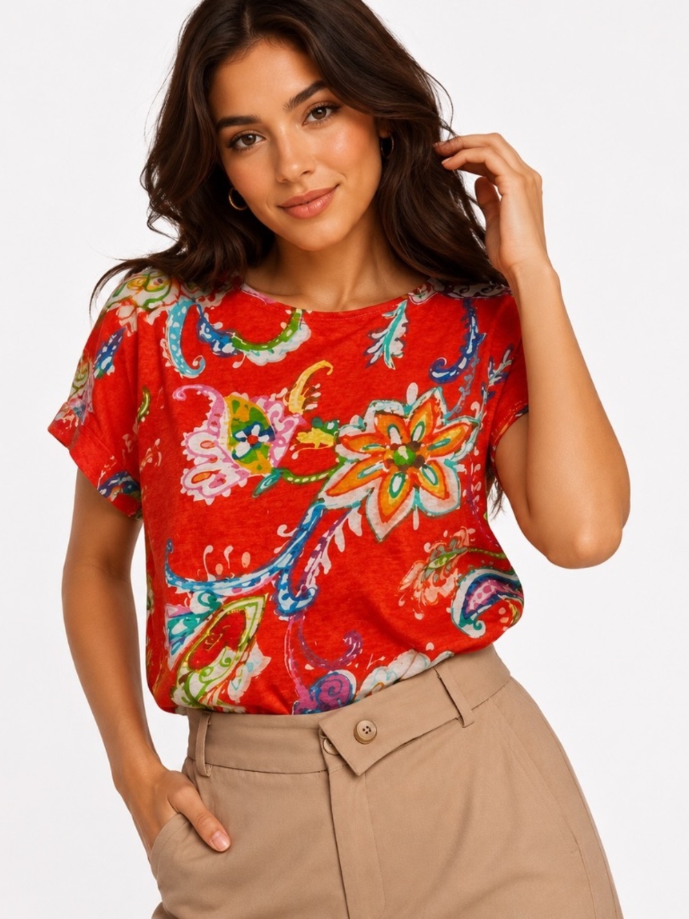 Lauren Ralph Lauren Linen Floral Print Top Coral Multicolor Casual Women Size L